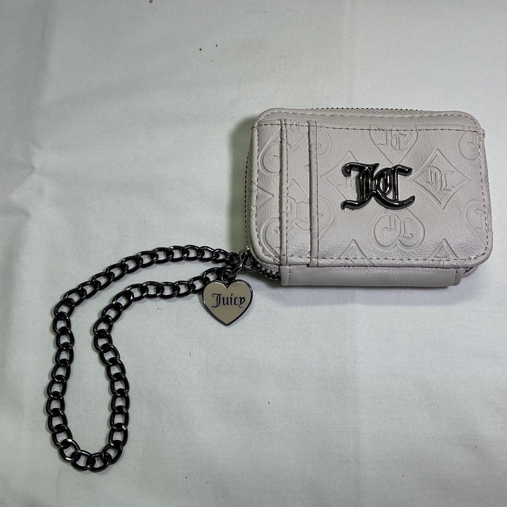 Juicy Couture Gray Monogram Zip Wallet Card Holder Heart ID Window Wristlet